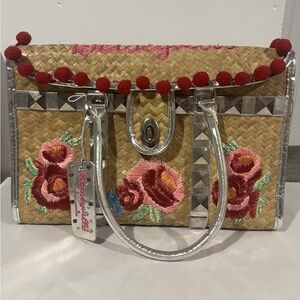 Betseyville Betsey Johnson Straw Tote Handbag Purse Large Embroidery Tassels